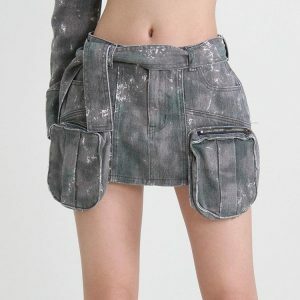 Grunge Distressed Cargo Denim Mini Skirt - Y2K Fashion Essential