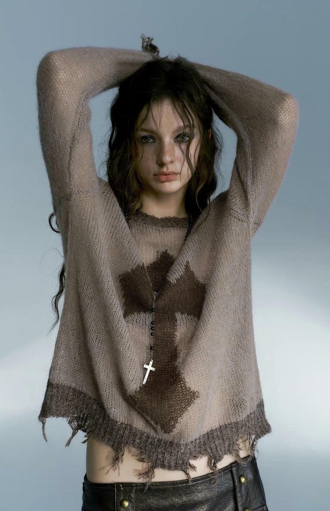 Grunge Distressed Cross Sweater - Y2K Fashion Essential for 2000s Style