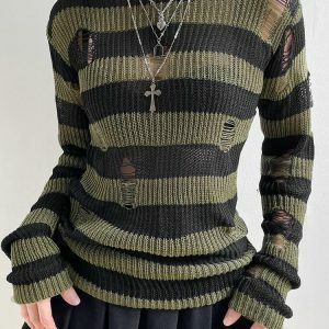 Grunge Distressed Striped Sweater - Y2K Fashion Essential for 2000s Style