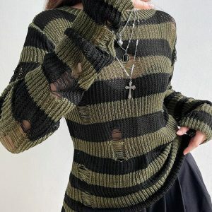 Grunge Distressed Striped Sweater - Y2K Fashion Essential for 2000s Style