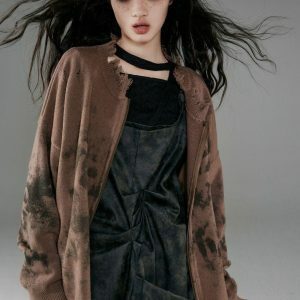 Grunge Extra Distressed Zip-Up Cardigan - Y2K Fashion Essential