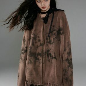 Grunge Extra Distressed Zip-Up Cardigan - Y2K Fashion Essential