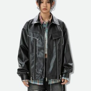 Grunge Faux Leather Jacket - Y2K Fashion Essential for 2000s Style