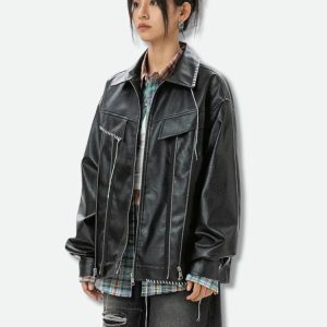 Grunge Faux Leather Jacket - Y2K Fashion Essential for 2000s Style