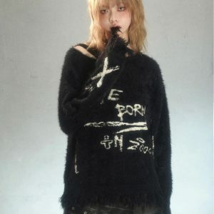 Grunge Fluffy Knitted Sweater - Y2K Fashion Essential for Cozy Style