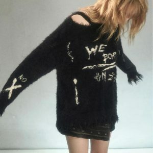 Grunge Fluffy Knitted Sweater - Y2K Fashion Essential for Cozy Style