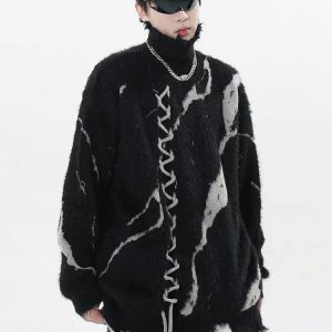 Grunge Fluffy Lace-Up Sweater - Y2K Fashion Essential for 2000s Style