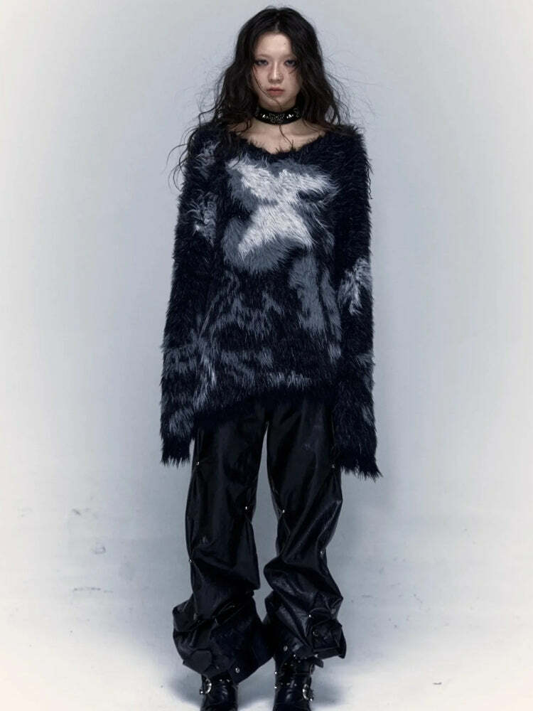 Grunge Fuzzy Sweater - Y2K Fashion Essential for 2000s Style Lovers