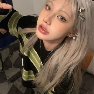 Grunge Green Striped Crop Sweater - Y2K Fashion Essential for 2000s Style