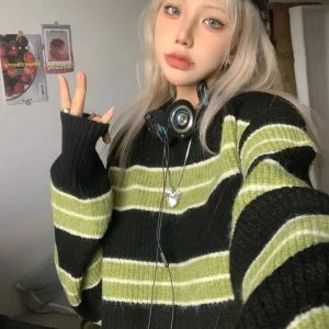 Grunge Green Striped Crop Sweater - Y2K Fashion Essential for 2000s Style