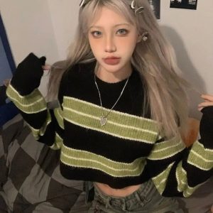 Grunge Green Striped Crop Sweater - Y2K Fashion Essential for 2000s Style