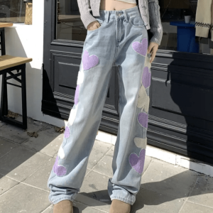 Heart Patchwork Straight Leg Jeans - Y2K Fashion Inspired 2000s Style