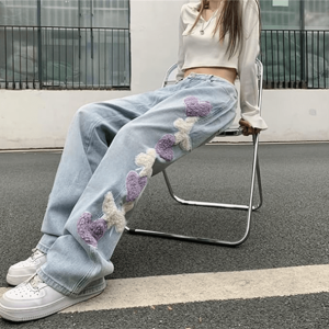 Heart Patchwork Straight Leg Jeans - Y2K Fashion Inspired 2000s Style