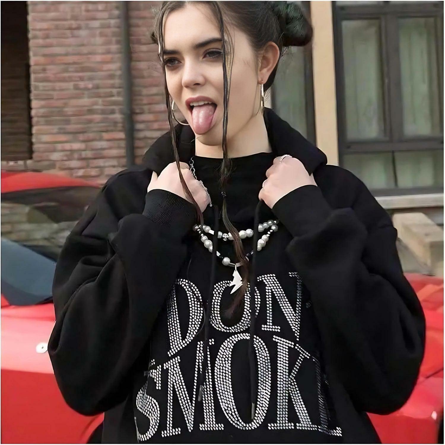 I Don't Smoke Rhinestone Hoodie - Y2K Fashion Statement Piece