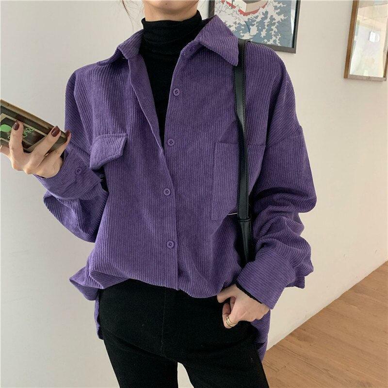 Indie Purple Corduroy Casual Shirt - Y2K Fashion Essential for 2000s Style