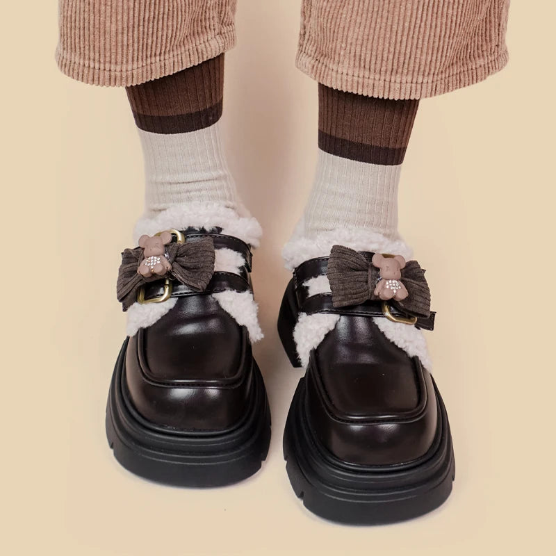 Kawaii Teddy Bear Platform Oxford Shoes - Y2K Fashion Aesthetic Style