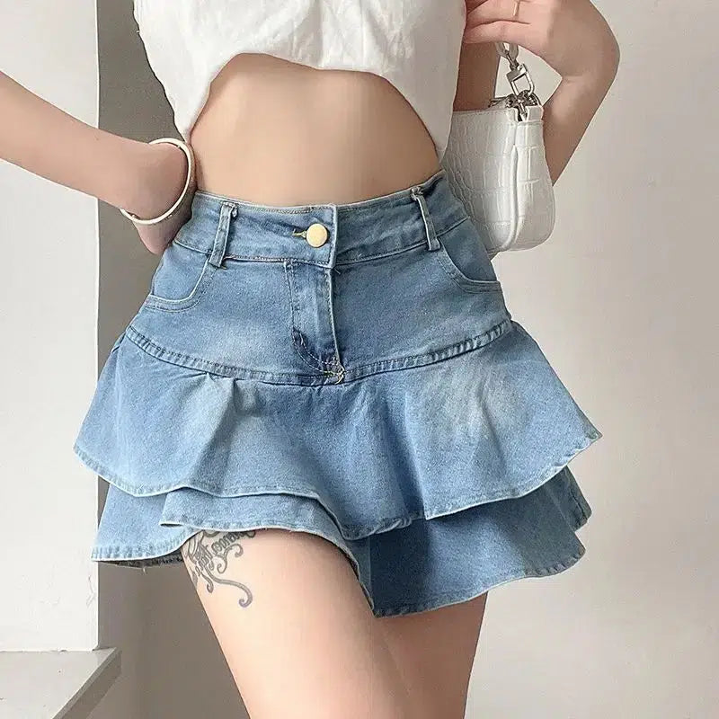 Layered Ruffled Denim Mini Skirt - Y2K Fashion Essential for 2000s Style