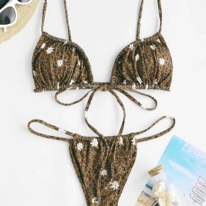 Leopard Daisy Y2K Drawstring Bikini Set - Trendy 2000s Style Swimwear