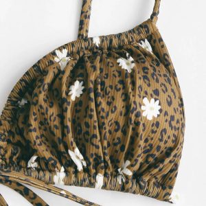 Leopard Daisy Y2K Drawstring Bikini Set - Trendy 2000s Style Swimwear