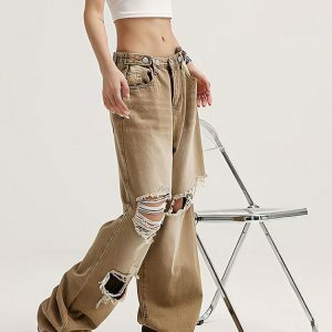 Light Wash Low Rise Ripped Jeans - Y2K Fashion Essential for 2000s Style