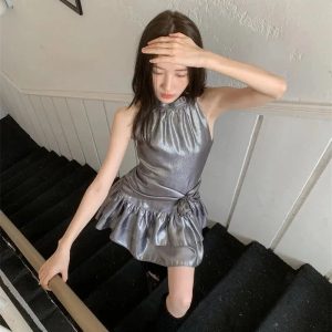 Metallic Y2K Mini Dress - Trendy 2000s Fashion for Iconic Style