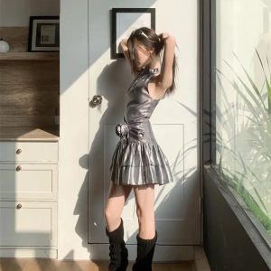 Metallic Y2K Mini Dress - Trendy 2000s Fashion for Iconic Style