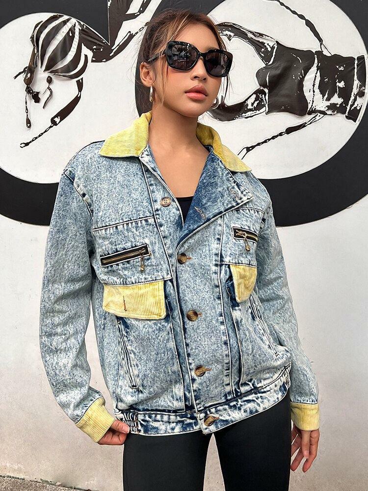 Mid Wash Patchwork Denim Jacket - Y2K Fashion Essential for 2000s Style