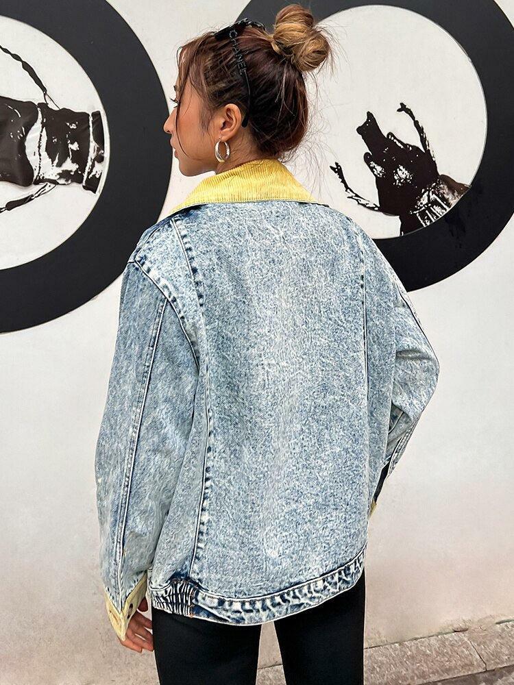 Mid Wash Patchwork Denim Jacket - Y2K Fashion Essential for 2000s Style