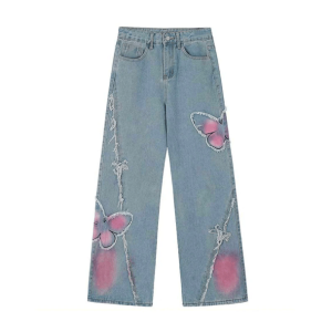 Pastel Butterfly Wide Leg Jeans - Y2K Fashion Statement for Trendsetters