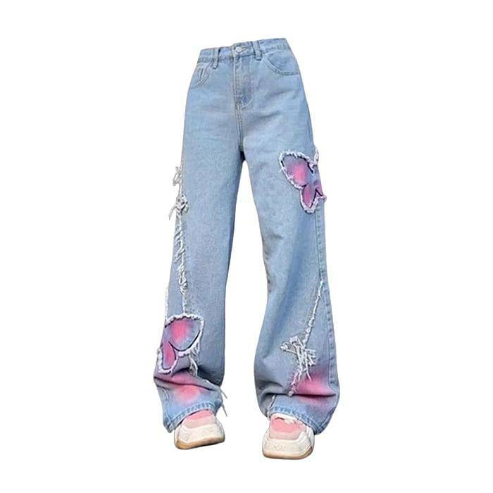 Pastel Butterfly Wide Leg Jeans - Y2K Fashion Statement for Trendsetters