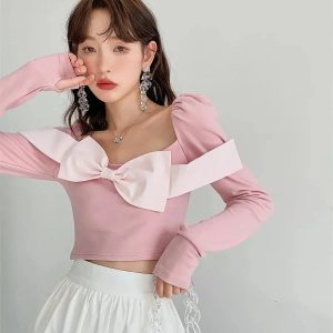 Puff Shoulder Bow Crop Top - Y2K Fashion Essential for Trendy Outfits