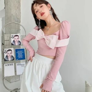 Puff Shoulder Bow Crop Top - Y2K Fashion Essential for Trendy Outfits