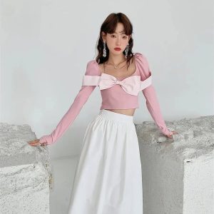 Puff Shoulder Bow Crop Top - Y2K Fashion Essential for Trendy Outfits