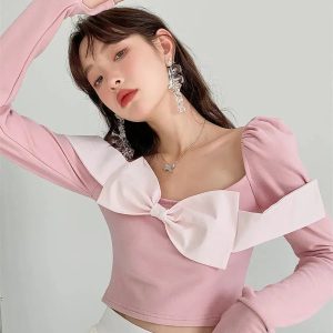 Puff Shoulder Bow Crop Top - Y2K Fashion Essential for Trendy Outfits