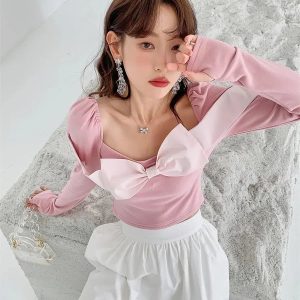 Puff Shoulder Bow Crop Top - Y2K Fashion Essential for Trendy Outfits