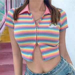 Rainbow Zipper Up Top - Trendy Y2K Fashion for Stylish Outfits