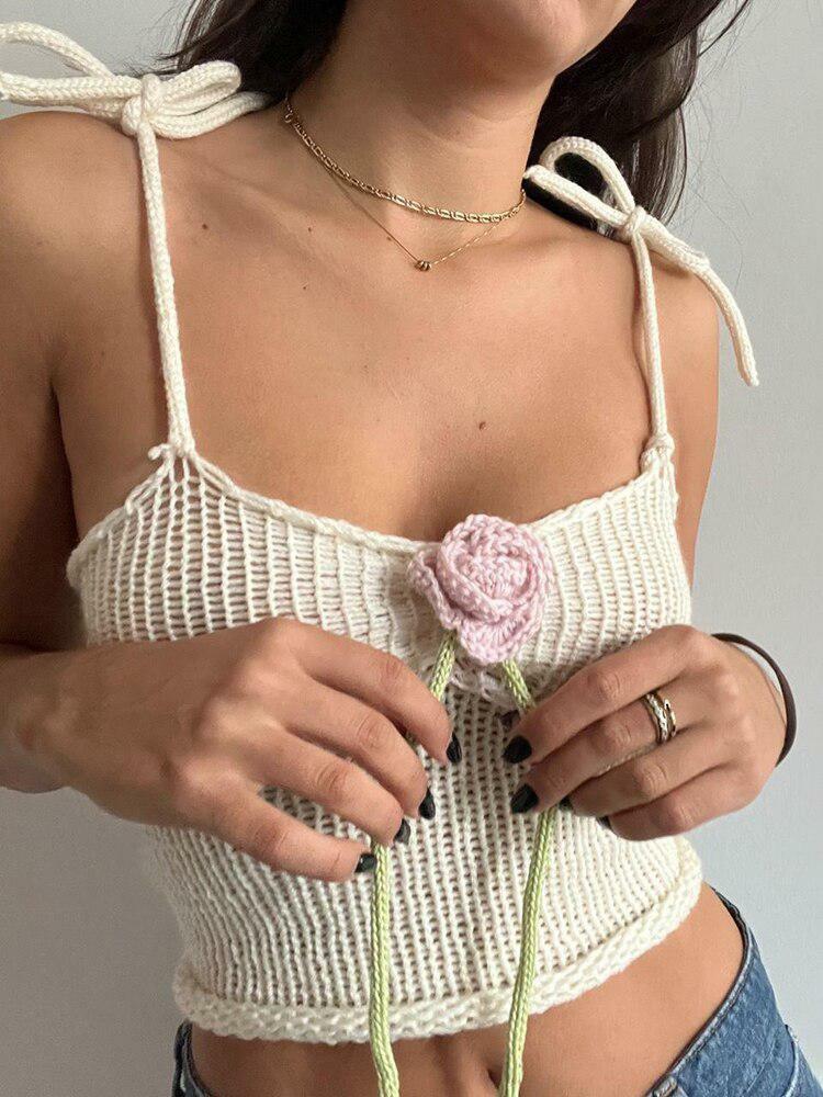 Rose Detailed Knitted Crop Top - Y2K Fashion Essential for 2000s Style