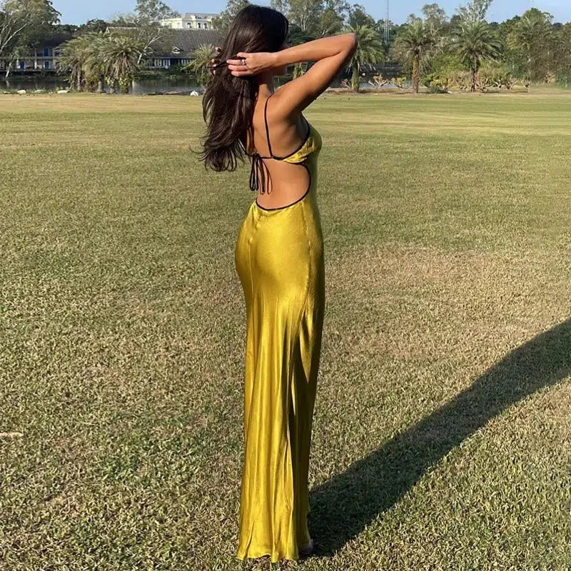 Satin Backless Maxi Dress - Y2K Fashion Statement for Effortless Style