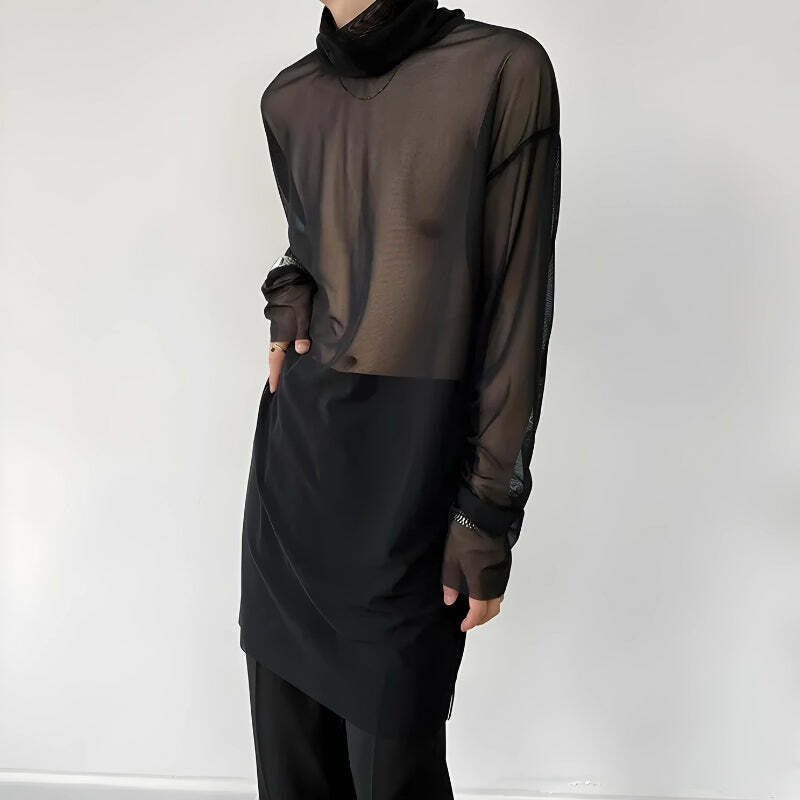 Sheer Mesh Turtle Neck Top - Y2K Fashion Essential for Trendy Outfits