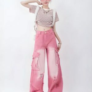 Soft Girl Distressed Cargo Jeans - Y2K Fashion Essential for Trendy Looks