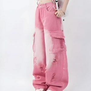 Soft Girl Distressed Cargo Jeans - Y2K Fashion Essential for Trendy Looks