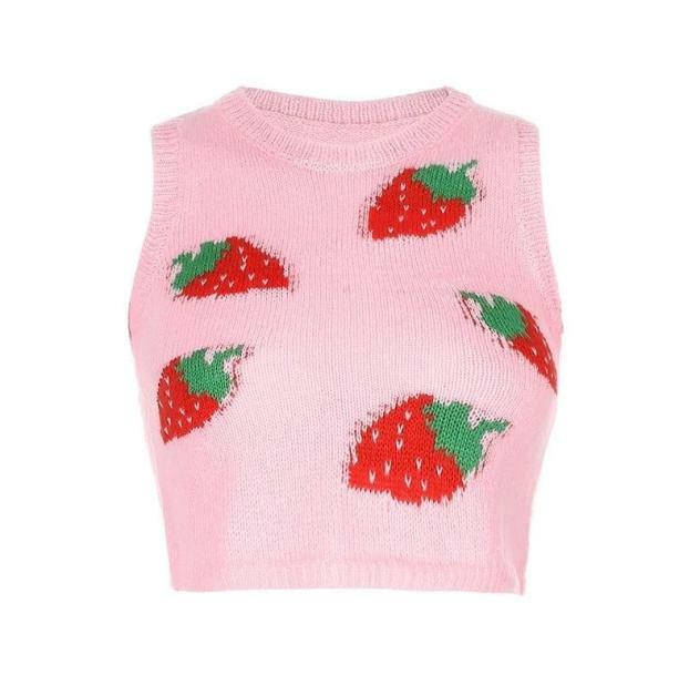 Strawberry Sleeveless Sweater - Y2K Fashion Essential for 2000s Style