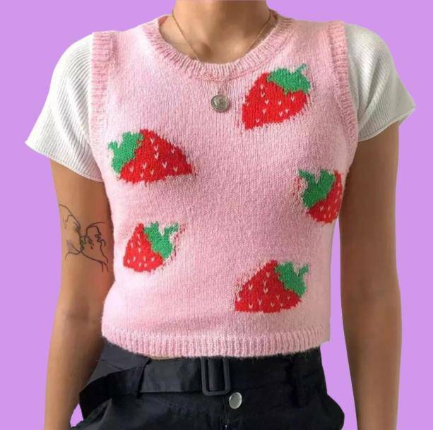 Strawberry Sleeveless Sweater - Y2K Fashion Essential for 2000s Style