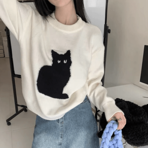 Trendy Black Kitty Sweater - Y2K Fashion Essential for 2000s Style