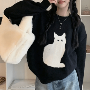 Trendy Black Kitty Sweater - Y2K Fashion Essential for 2000s Style