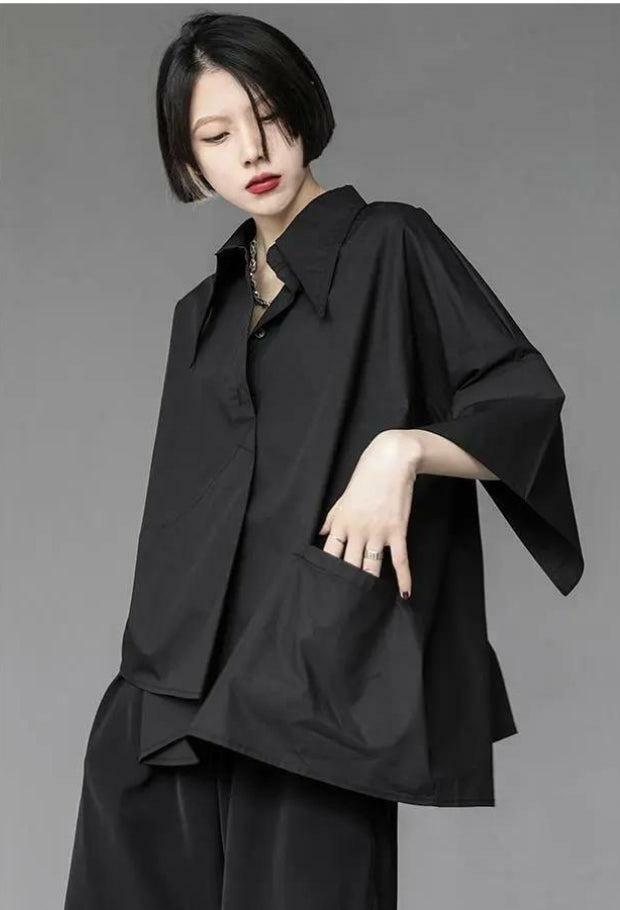 Trendy Black Korean Asymmetric Shirt - Y2K Fashion Essential