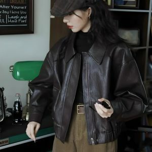 Trendy Brown Faux Leather Jacket for Y2K Fashion Aesthetic Outfits