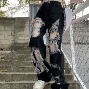 Trendy Distressed Black Jeans for Y2K Fashion & 2000s Style Lovers