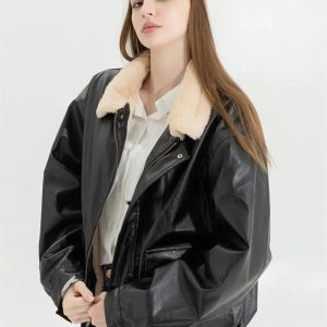 Trendy Double-Faced Faux Leather & Fur Jacket for Y2K Fashion Lovers