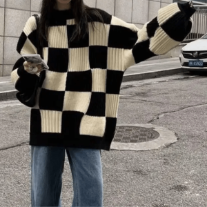 Trendy Oversized Checkered Sweater - Y2K Fashion Essential